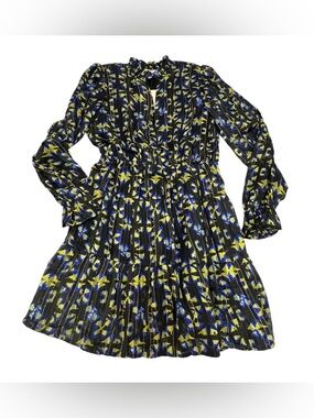 NWT Elan Long Sleeve Geo Print Isa Mini Dress, Black with Blue & Yellow Size S